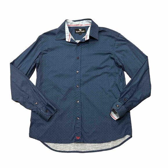 Butter Cloth Shirt Men's Large Long Sleeve Flip Cuff Cotton Navy Aqua Stretch - Picture 1 of 6